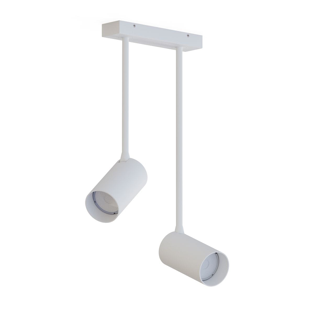 Biała lampa wisząca Mono Long z dwoma punktami świetlnymi, zawieszona na prostej, białej konstrukcji. Cylindryczne klosze skierowane w dół, wiszące na równych długościach, idealna do nowoczesnych wnętrz.