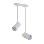 Biała lampa wisząca Mono Long z dwoma punktami świetlnymi, zawieszona na prostej, białej konstrukcji. Cylindryczne klosze skierowane w dół, wiszące na równych długościach, idealna do nowoczesnych wnętrz.