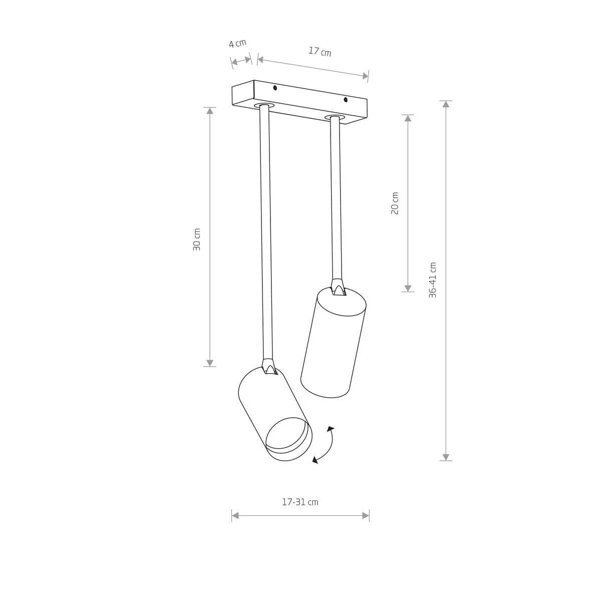 Czarna i złota lampa wisząca Mono Long z dwoma punktami świetlnymi. Prosta konstrukcja z metalowym stelażem, zawieszone cylindryczne klosze o regulowanej wysokości (36-41 cm). Wymiary podstawy: 4x17 cm, długość zawieszenia: 30 cm.