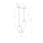 Czarna i złota lampa wisząca Mono Long z dwoma punktami świetlnymi. Prosta konstrukcja z metalowym stelażem, zawieszone cylindryczne klosze o regulowanej wysokości (36-41 cm). Wymiary podstawy: 4x17 cm, długość zawieszenia: 30 cm.
