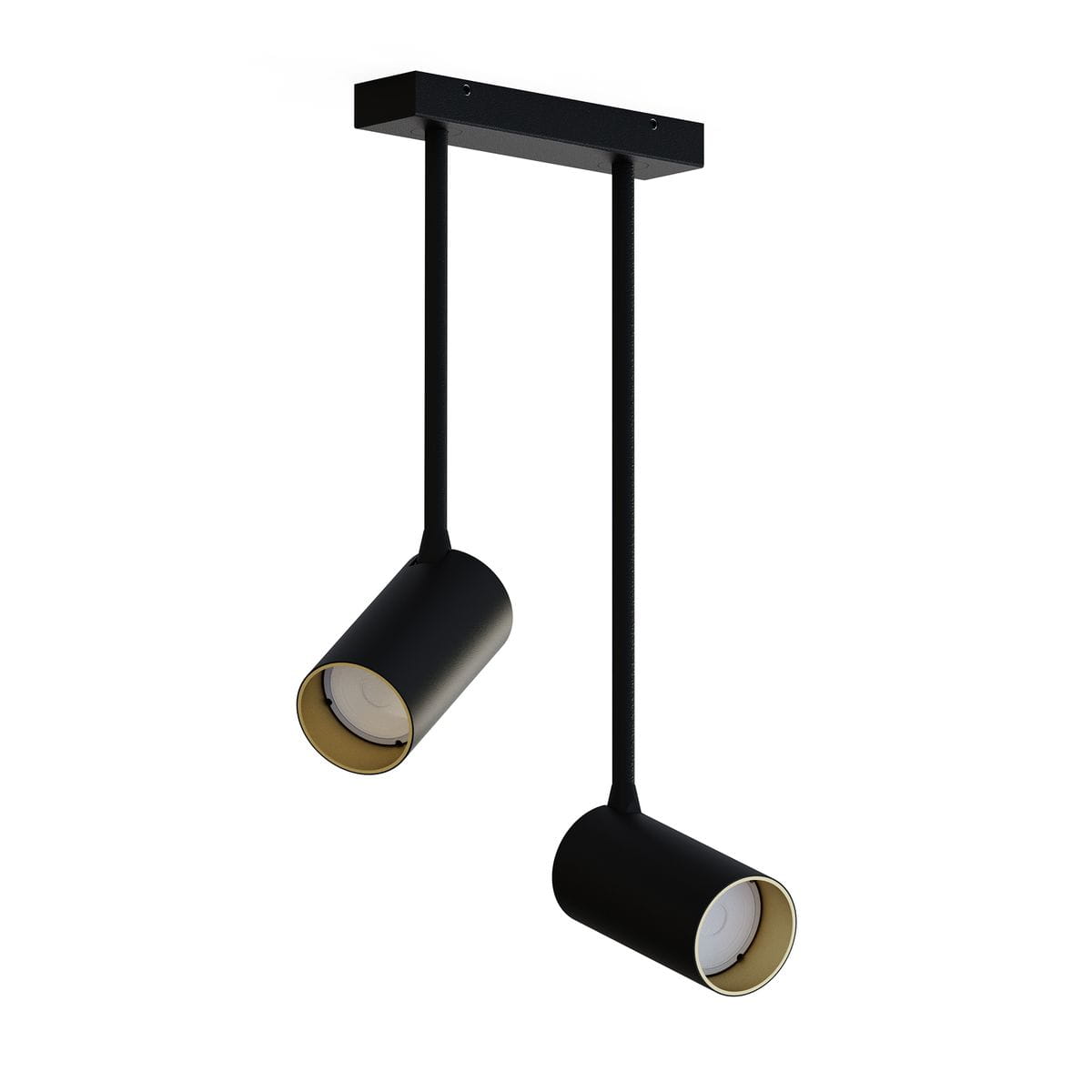 Czarna lampa wisząca Mono Long z dwoma punktami świetlnymi, zawieszona na prostokątnej metalowej podstawie. Klasyczny design z matowymi cylindrami i złotymi wnętrzami, wisi na dwóch cienkich linkach. Idealna do nowoczesnych wnętrz.
