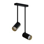 Czarna lampa wisząca Mono Long z dwoma punktami świetlnymi, zawieszona na prostokątnej metalowej podstawie. Klasyczny design z matowymi cylindrami i złotymi wnętrzami, wisi na dwóch cienkich linkach. Idealna do nowoczesnych wnętrz.