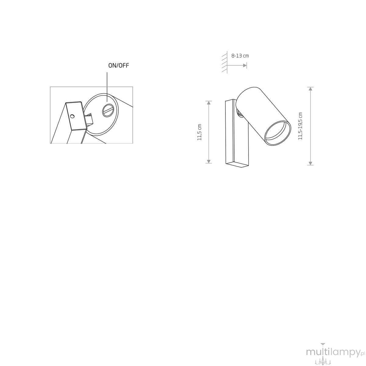 Kinkiet Mono 1-punktowy w kolorze białym i złotym. Ma cylindryczny kształt, mocowany do ściany. Wymiary: wysokość 11,5 cm, długość 19,5 cm, szerokość 8-13 cm. Widoczne oznaczenie ON/OFF. Prosty, nowoczesny design bez dodatkowych dekoracji.