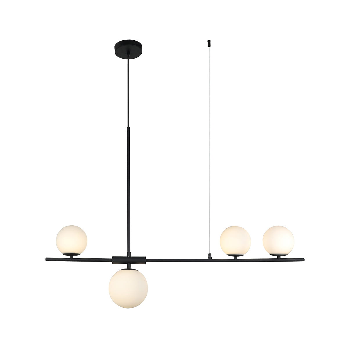 Czarna lampa wisząca Santander 4-punktowa z czterema okrągłymi kloszami w białym kolorze. Produkt zawieszony na długim, prostym wsporniku, z minimalistycznym designem. Klosze równomiernie rozmieszczone na poziomej belce.