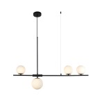 Czarna lampa wisząca Santander 4-punktowa z czterema okrągłymi kloszami w białym kolorze. Produkt zawieszony na długim, prostym wsporniku, z minimalistycznym designem. Klosze równomiernie rozmieszczone na poziomej belce.