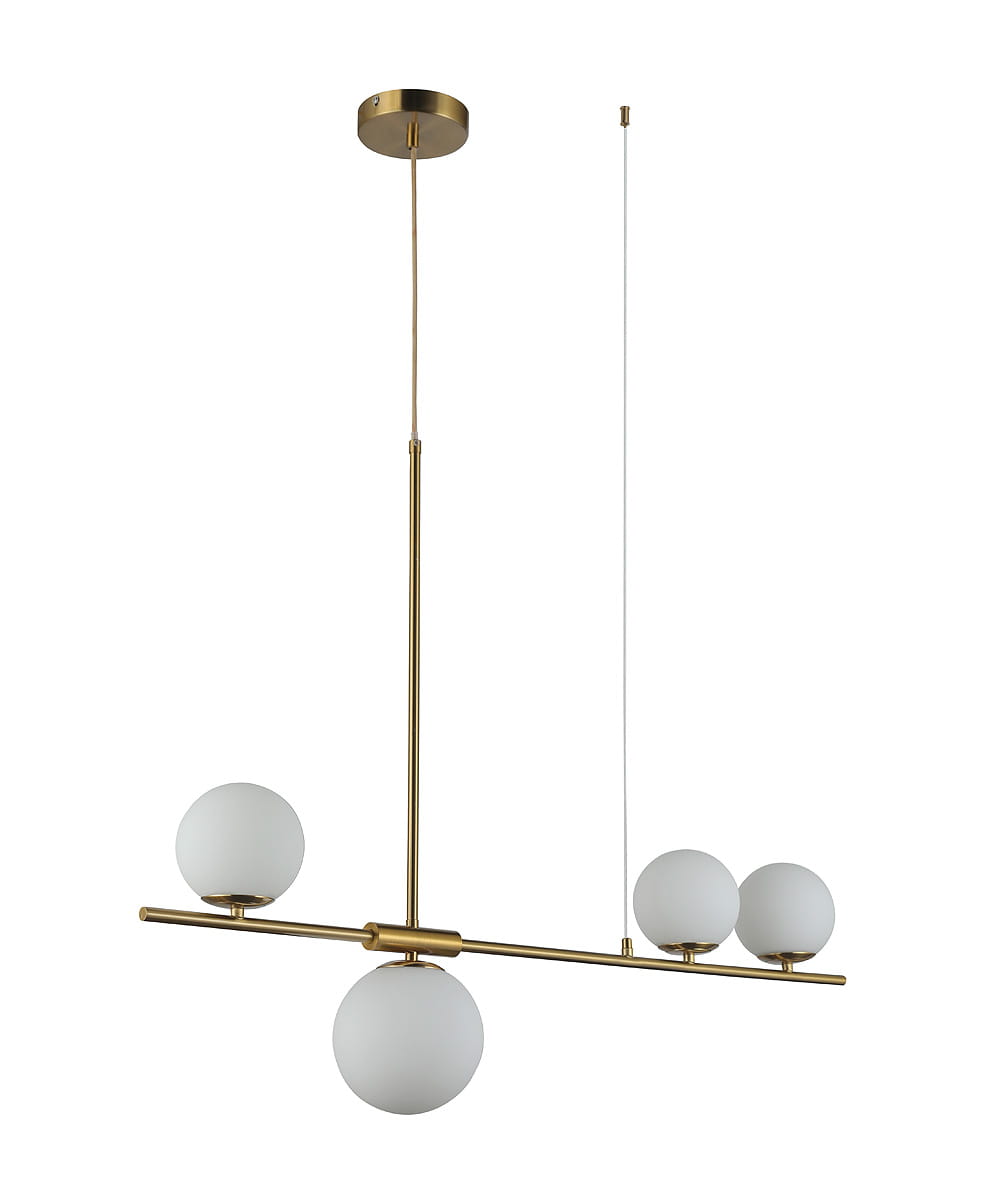 Lampa wisząca Santander 4-punktowa w kolorze złotym z czterema białymi, okrągłymi kloszami, zawieszona na cienkiej rurze. Prosta konstrukcja z minimalistycznym designem, widoczna z góry, na białym tle.