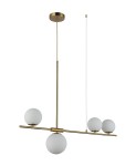 Lampa wisząca Santander 4-punktowa w kolorze złotym z czterema białymi, okrągłymi kloszami, zawieszona na cienkiej rurze. Prosta konstrukcja z minimalistycznym designem, widoczna z góry, na białym tle.