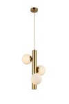 Lampa wisząca Cortega 3-punktowa w kolorze złotym z trzema matowymi kulami szklanymi. Produkt w pozycji wiszącej, z prostym, okrągłym mocowaniem sufitowym. Elegancki design, idealny do nowoczesnych wnętrz.