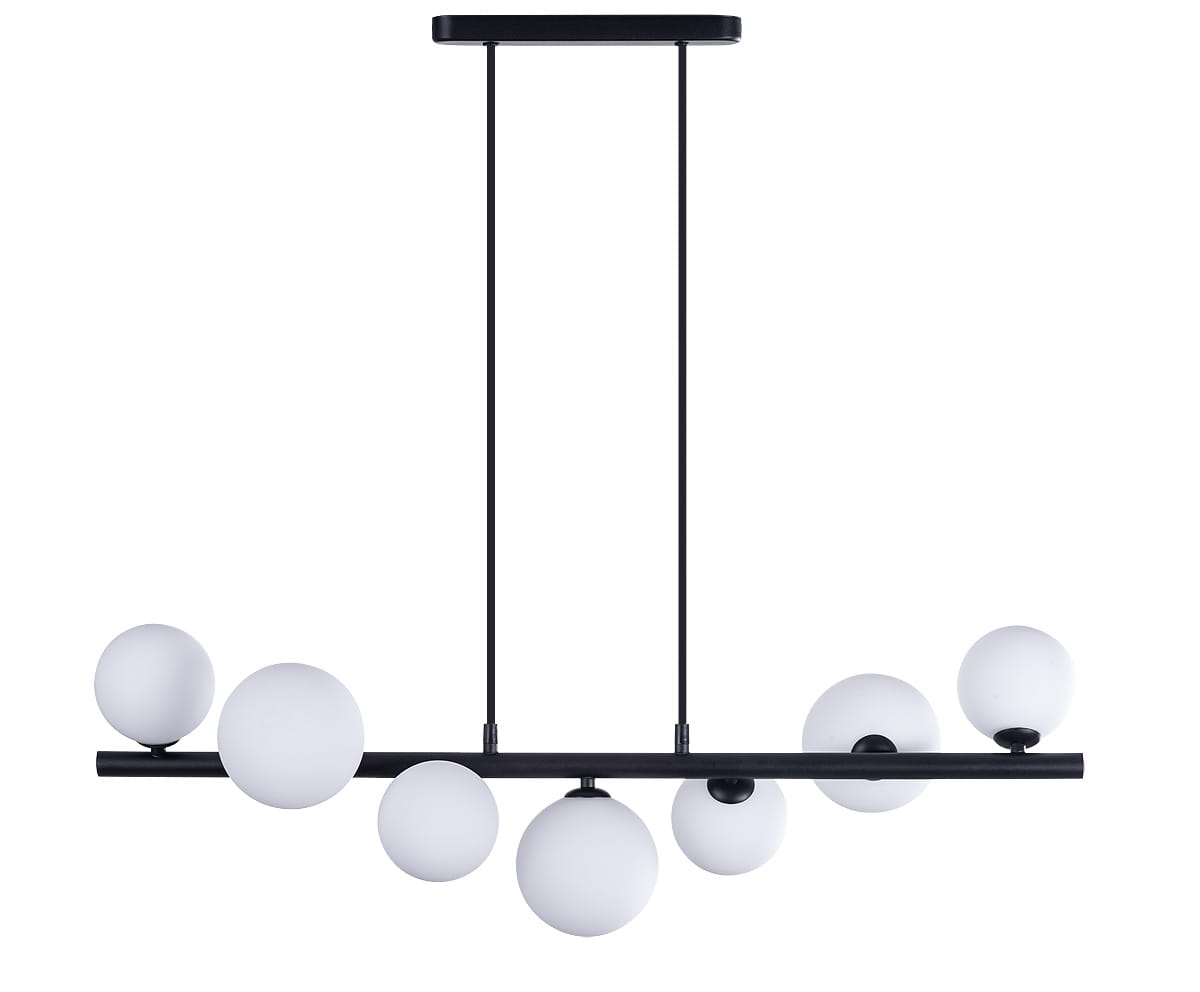 Lampa wisząca Sybilla 7-punktowa, czarna, z metalowym stelażem, zawieszona na dwóch cienkich linkach. Posiada sześć okrągłych, matowych kloszy w białym kolorze, umieszczonych na poziomej belce, tworząc nowoczesny design.