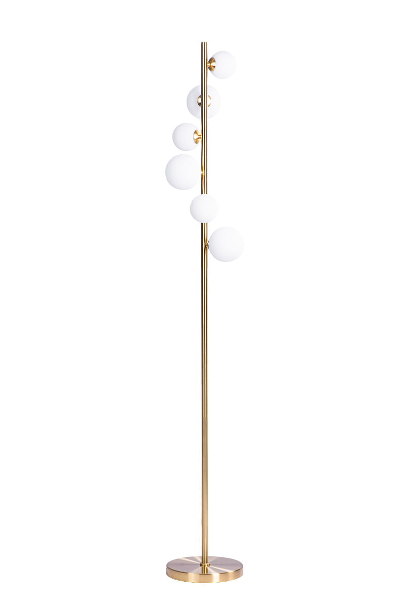 Sybilla lampa podłogowa 6-punktowa w kolorze złotym, z sześcioma białymi, okrągłymi kloszami umieszczonymi na smukłej, metalowej nodze. Lampa ma stabilną, okrągłą podstawę. Ujęcie frontalne, na białym tle.