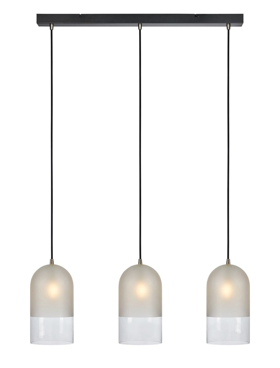 Czarna lampa wisząca Cope 3-punktowa z matowymi kloszami w kształcie półkul, z przezroczystą dolną częścią. Utrzymana na czarnej podstawie, z trzema przewodami, w aranżacji na jednolitym tle.