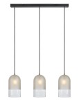 Czarna lampa wisząca Cope 3-punktowa z matowymi kloszami w kształcie półkul, z przezroczystą dolną częścią. Utrzymana na czarnej podstawie, z trzema przewodami, w aranżacji na jednolitym tle.