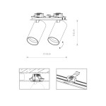 Lampa sufitowa wpustowa Mono Surface 2-punktowa w kolorze białym. Dwa cylindryczne reflektory, regulowane w zakresie 17-31 cm, wysokość 6-11 cm. Widok z góry, pokazujący szczegóły montażu i mechanizm mocujący.