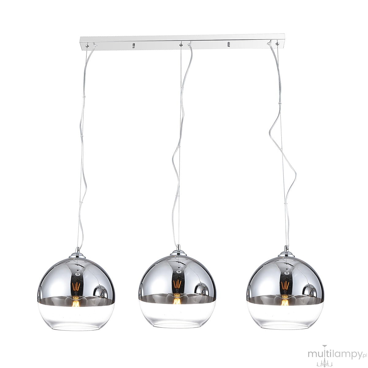 Lampa wisząca Silver Ball 3-punktowa AZ4751 z trzema okrągłymi kloszami w chromowanym wykończeniu, zawieszona na prostokątnej, metalowej podstawie. Kable są przezroczyste, co podkreśla nowoczesny design.