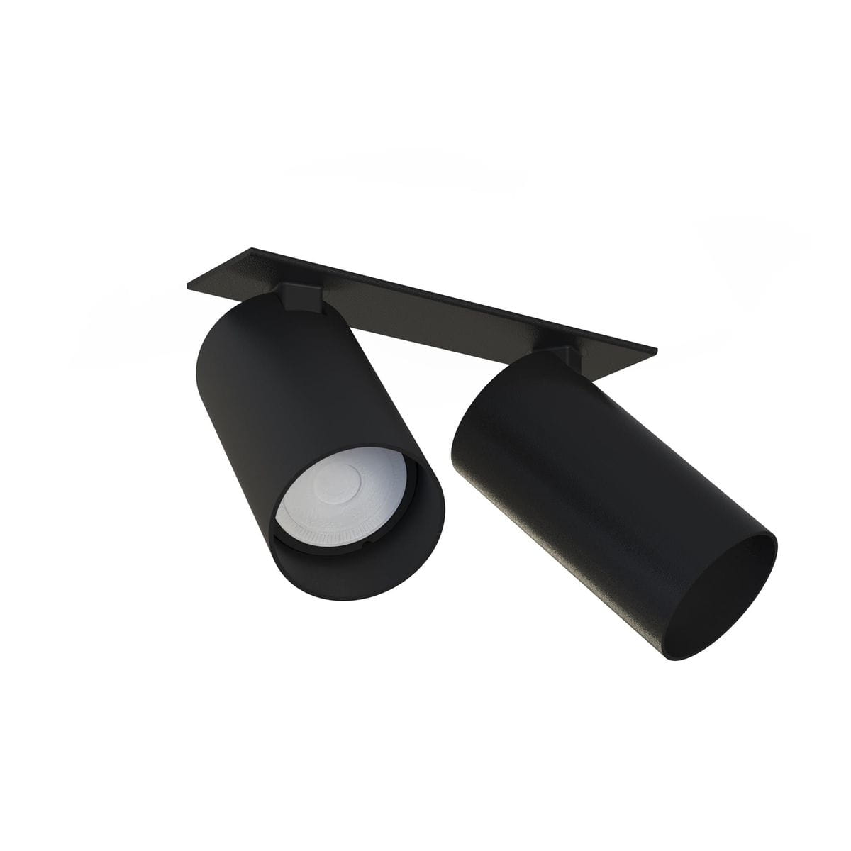 Czarna lampa sufitowa wpustowa Mono Surface z dwoma punktami świetlnymi. Kształt cylindryczny, matowa powierzchnia. Ujęcie z góry, lampy zamontowane na płaskiej podstawie. Widoczne białe wnętrze punktów świetlnych.