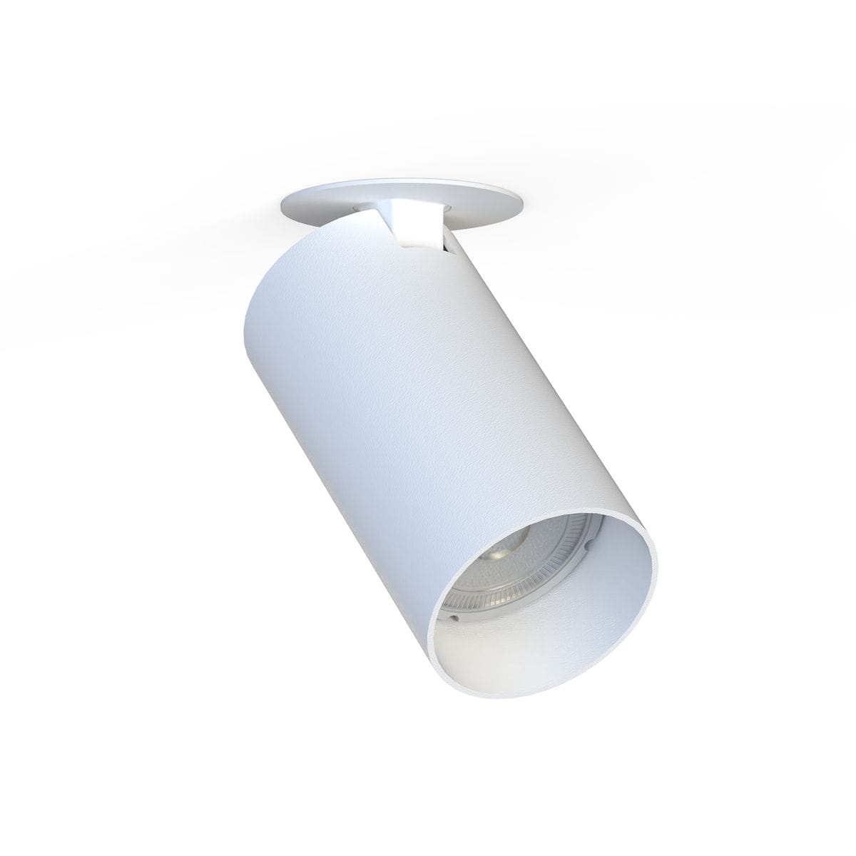 Lampa sufitowa wpustowa Mono Surface 1-punktowa w kolorze białym, cylindryczny kształt, zamontowana pod kątem. Wnętrze z reflektorem, tekstura matowa, minimalistyczny design. Idealna do nowoczesnych wnętrz.