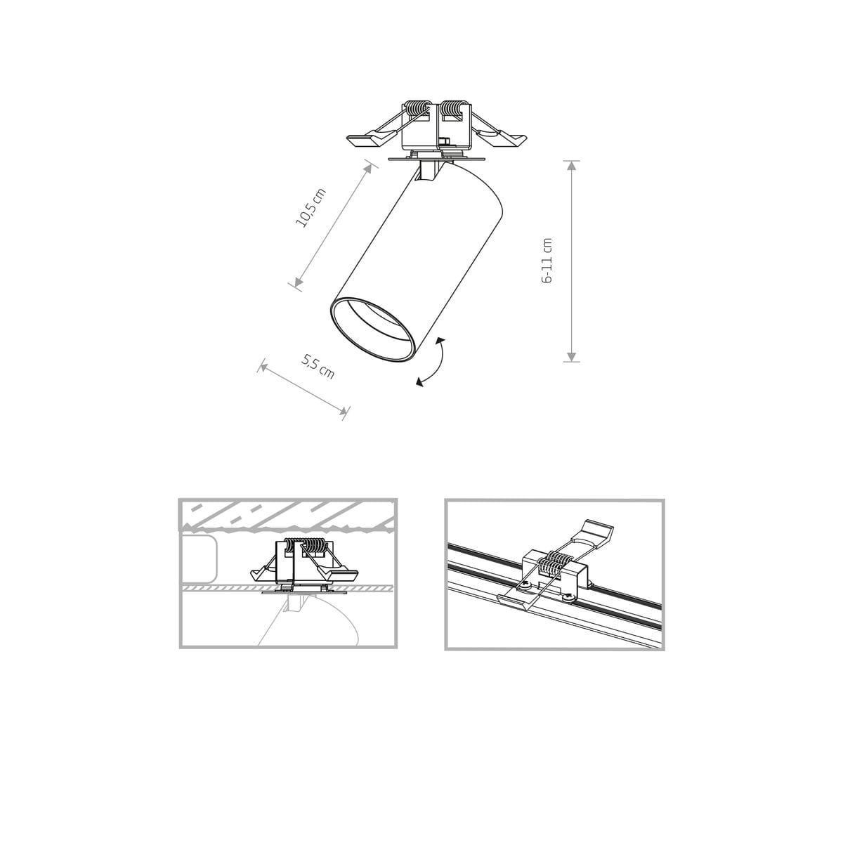 Czarna lampa sufitowa wpustowa Mono Surface, 1-punktowa, o cylindrycznym kształcie. Wymiary: wysokość 10,5 cm, średnica 5,5 cm, możliwość regulacji w zakresie 6-11 cm. Widok z góry oraz detale mocowania.