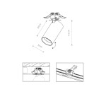 Czarna lampa sufitowa wpustowa Mono Surface, 1-punktowa, o cylindrycznym kształcie. Wymiary: wysokość 10,5 cm, średnica 5,5 cm, możliwość regulacji w zakresie 6-11 cm. Widok z góry oraz detale mocowania.
