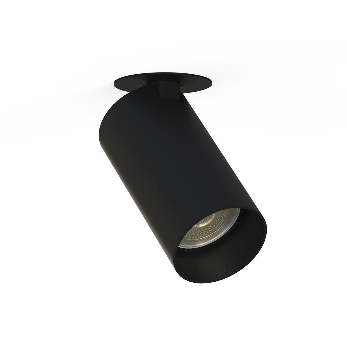 Czarna lampa sufitowa wpustowa Mono Surface, o cylindrycznym kształcie, zamontowana na stropie. Widoczna żarówka w środku, skierowana lekko w dół, z matową teksturą obudowy. Produkt w nowoczesnym stylu, idealny do oświetlenia wnętrz.