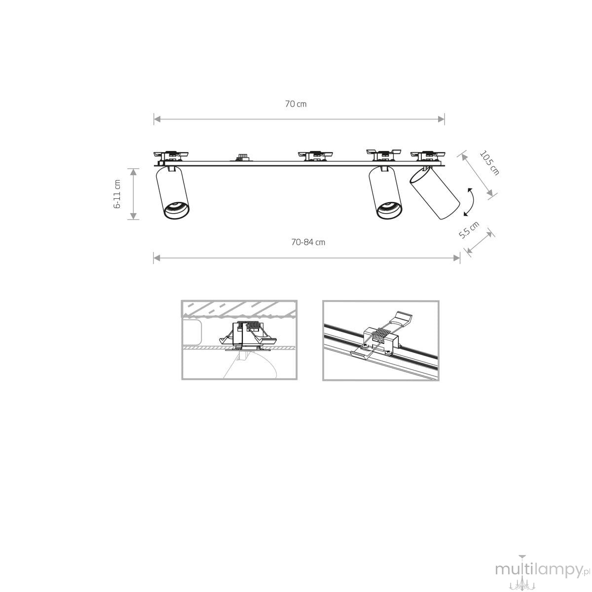 Czarna lampa sufitowa wpustowa Mono Surface 3-punktowa, długość 70 cm, z regulowanymi punktami świetlnymi. Wysokość 6,11 cm, możliwość montażu w zakresie 70-84 cm. Widok z boku oraz z góry z detalami mocowania.