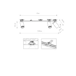 Czarna lampa sufitowa wpustowa Mono Surface 3-punktowa, długość 70 cm, z regulowanymi punktami świetlnymi. Wysokość 6,11 cm, możliwość montażu w zakresie 70-84 cm. Widok z boku oraz z góry z detalami mocowania.