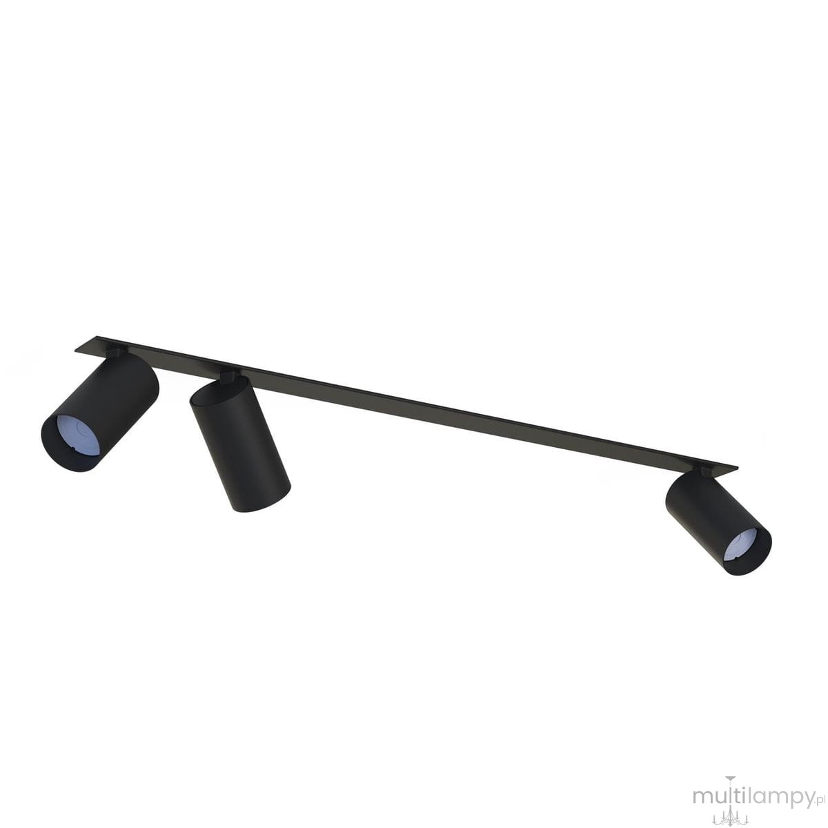 Czarna lampa sufitowa wpustowa Mono Surface z trzema punktami świetlnymi. Każdy z reflektorów ma cylindryczny kształt i jest zamocowany na prostokątnej podstawie. Lampa zainstalowana poziomo, na białym tle.
