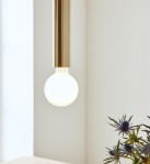 Lampa wisząca Sencillo 1-punktowa w kolorze mosiądzu z okrągłą, białą żarówką. Produkt zawieszony w pionie, w tle delikatne rośliny na stole oraz jasne, neutralne tło.