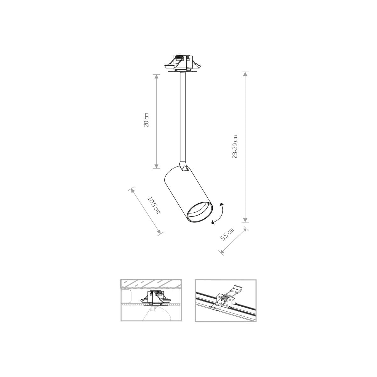 Lampa wisząca Mono Surface Long S, czarna z mosiężnymi detalami. Cylindryczny kształt, długość 105 cm, średnica 5,5 cm, z możliwością regulacji wysokości 23-29 cm. Montaż wpustowy, pokazany z góry i z boku.