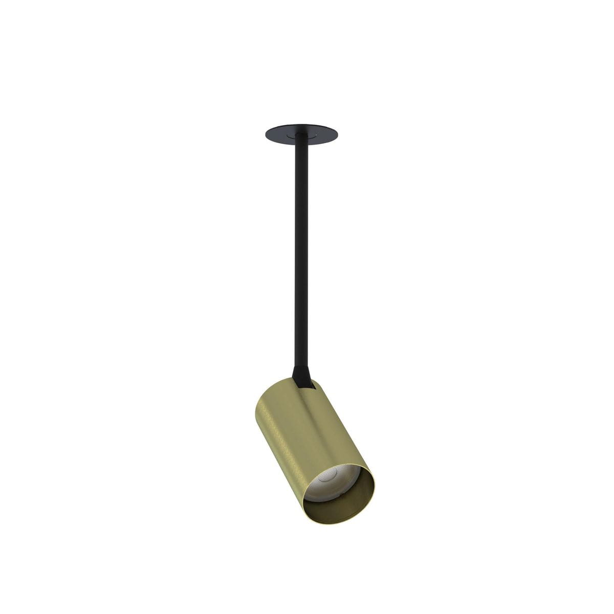 Lampa wisząca wpustowa Mono Surface Long S w kolorze czarnym i mosiężnym, z cylindrycznym kloszem. Ujęcie z boku pokazuje zawieszenie na cienkiej rurze, z zamontowanym źródłem światła. Proste tło podkreśla elegancki design lampy.