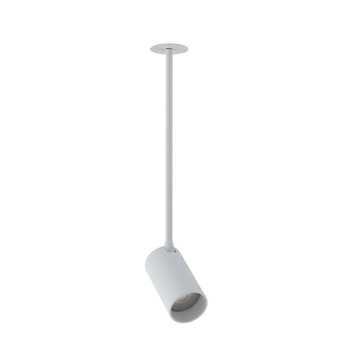 Biała lampa wisząca Mono Surface Long M o 1-punktowym mocowaniu, z cylindrycznym kloszem i prostą, długą rurką. Ujęcie frontalne, produkt zawieszony z sufitu na jednolitym tle.