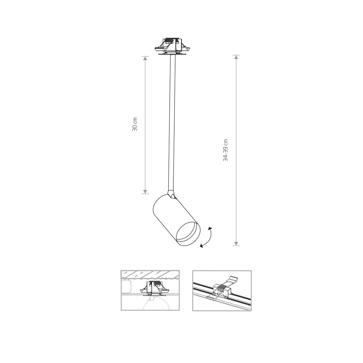 Lampa wisząca Mono Surface Long M w kolorze czarnym i mosiądzu, o cylindrycznym kształcie. Posiada regulowaną długość od 34 do 39 cm oraz wysokość 30 cm. Widoczna konstrukcja montażowa na suficie oraz detal wpustu.