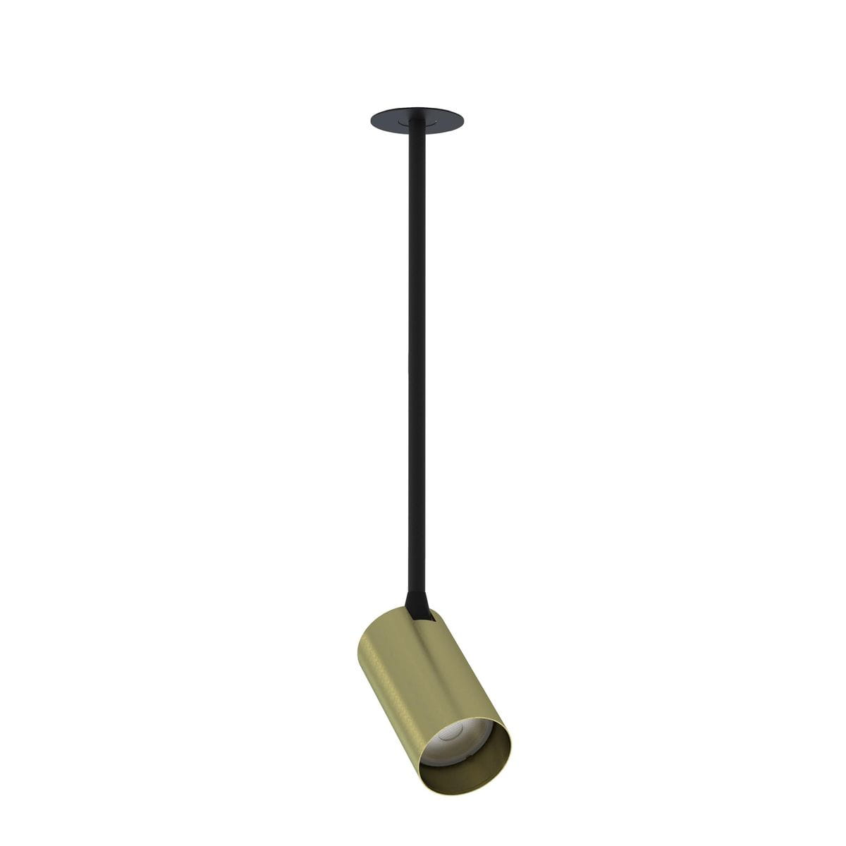 Lampa wisząca wpustowa Mono Surface Long M w kolorze czarnym i mosiężnym, z długim uchwytem. Cylindryczny klosz skierowany w dół, zawieszony na cienkiej rurze. Prosty, nowoczesny design, idealna do oświetlenia wnętrz.
