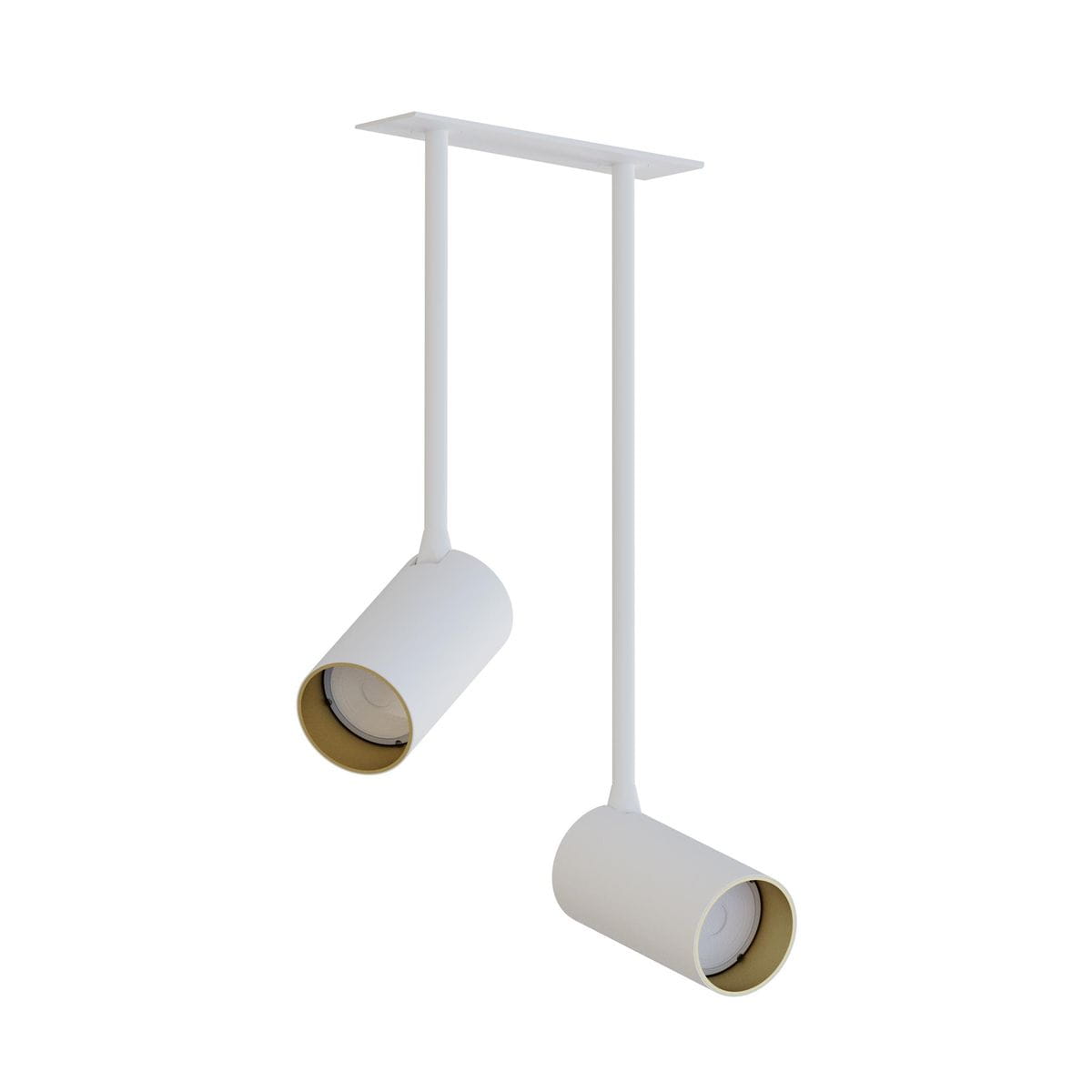 Lampa wisząca Mono Surface Long w kolorze białym z złotymi detalami, z dwoma cylindrycznymi punktami świetlnymi, zawieszona na prostokątnej podstawie. Produkt ma minimalistyczny design, idealny do nowoczesnych wnętrz.