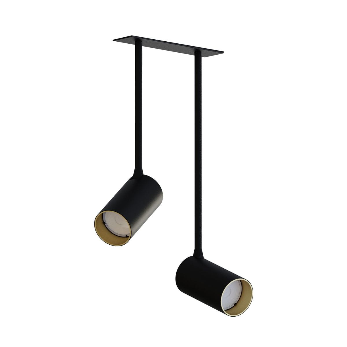 Lampa wisząca wpustowa Mono Surface Long z dwoma punktami świetlnymi w kolorze czarnym i złotym. Ułożona w pionie, z okrągłymi kloszami, zawieszona na cienkich linkach. Prosty, nowoczesny design, idealna do oświetlenia wnętrz.
