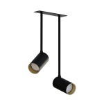 Lampa wisząca wpustowa Mono Surface Long z dwoma punktami świetlnymi w kolorze czarnym i złotym. Ułożona w pionie, z okrągłymi kloszami, zawieszona na cienkich linkach. Prosty, nowoczesny design, idealna do oświetlenia wnętrz.