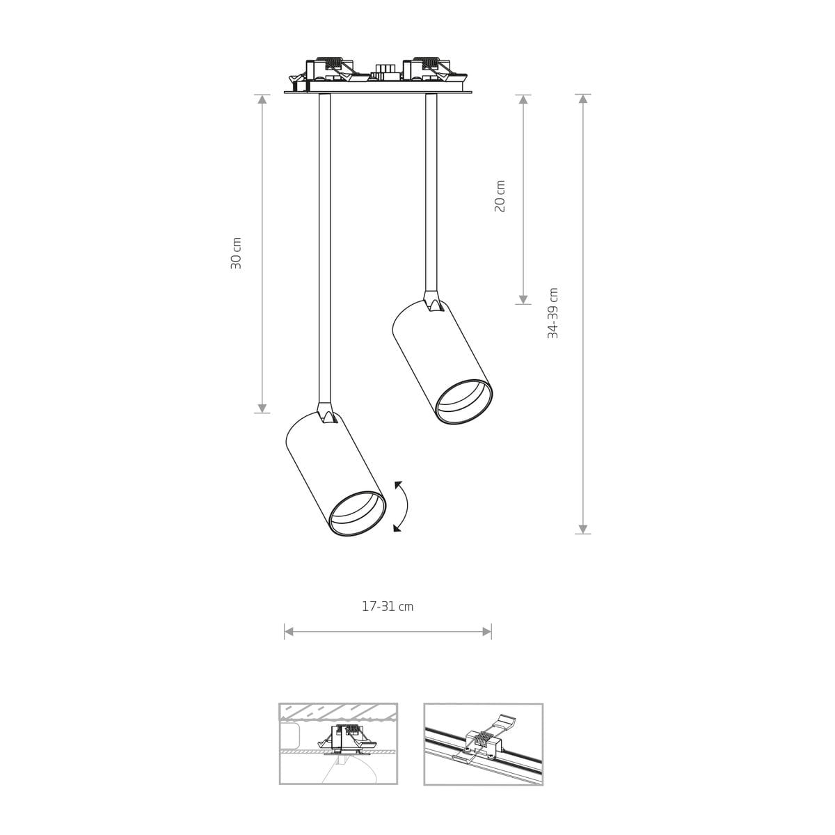 Lampa wisząca Mono Surface Long, 2-punktowa, czarna z mosiężnymi detalami. Wymiary: wysokość 30 cm, długość 17-31 cm, możliwość regulacji wysokości lamp. Dwa cylindryczne klosze z ruchomymi głowicami. Montaż sufitowy, minimalistyczny design.