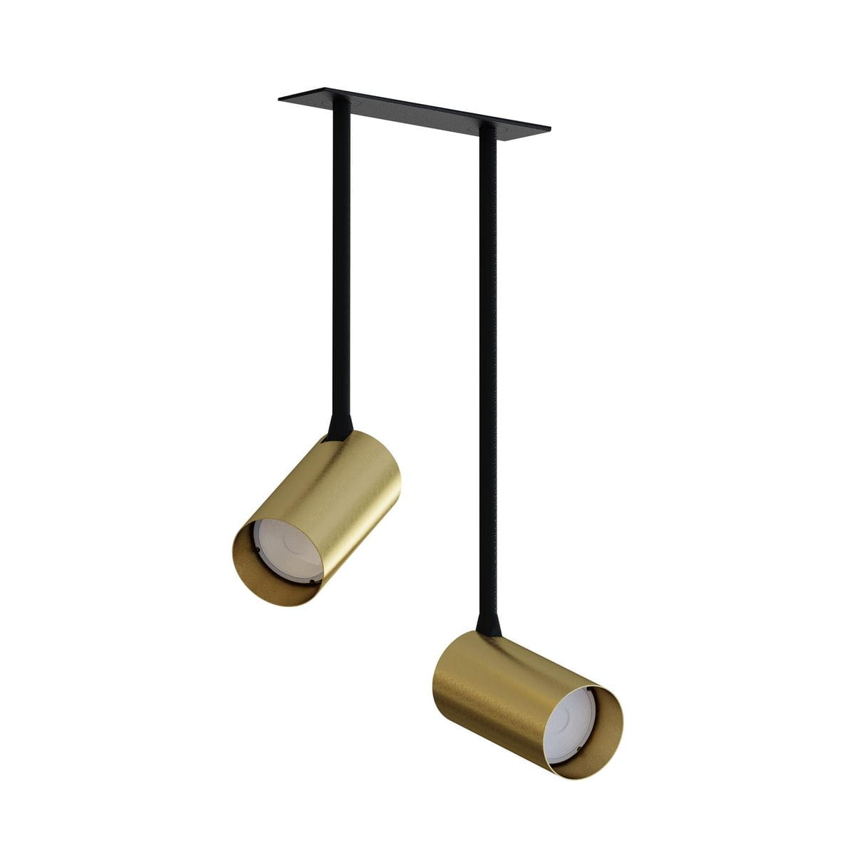 Lampa wisząca Mono Surface Long 2-punktowa, czarna z mosiężnymi oprawami. Ujęcie z przodu, wisząca na cienkich kablach z metalowym stelażem. Cylindryczne klosze o błyszczącej powierzchni, umieszczone na równiej wysokości.