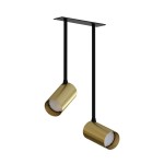 Lampa wisząca Mono Surface Long 2-punktowa, czarna z mosiężnymi oprawami. Ujęcie z przodu, wisząca na cienkich kablach z metalowym stelażem. Cylindryczne klosze o błyszczącej powierzchni, umieszczone na równiej wysokości.