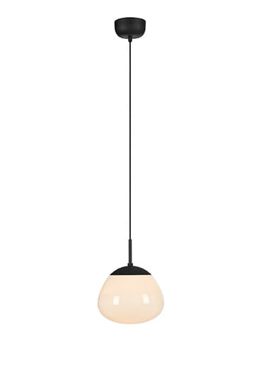 Lampa wisząca Rise 1-punktowa w kolorze czarnym i białym, z okrągłym kloszem w kształcie miski, zawieszona na cienkim kablu. Elementy metalowe w czerni, klosz w matowej bieli, montowana do sufitu.