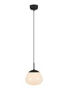 Lampa wisząca Rise 1-punktowa w kolorze czarnym i białym, z okrągłym kloszem w kształcie miski, zawieszona na cienkim kablu. Elementy metalowe w czerni, klosz w matowej bieli, montowana do sufitu.