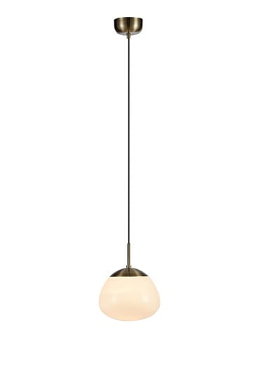 Lampa wisząca Rise 1-punktowa w antycznym mosiądzu z białym kloszem o okrągłym kształcie. Zawieszenie na cienkim kablu, umieszczona w pionie, idealna do nowoczesnych wnętrz.