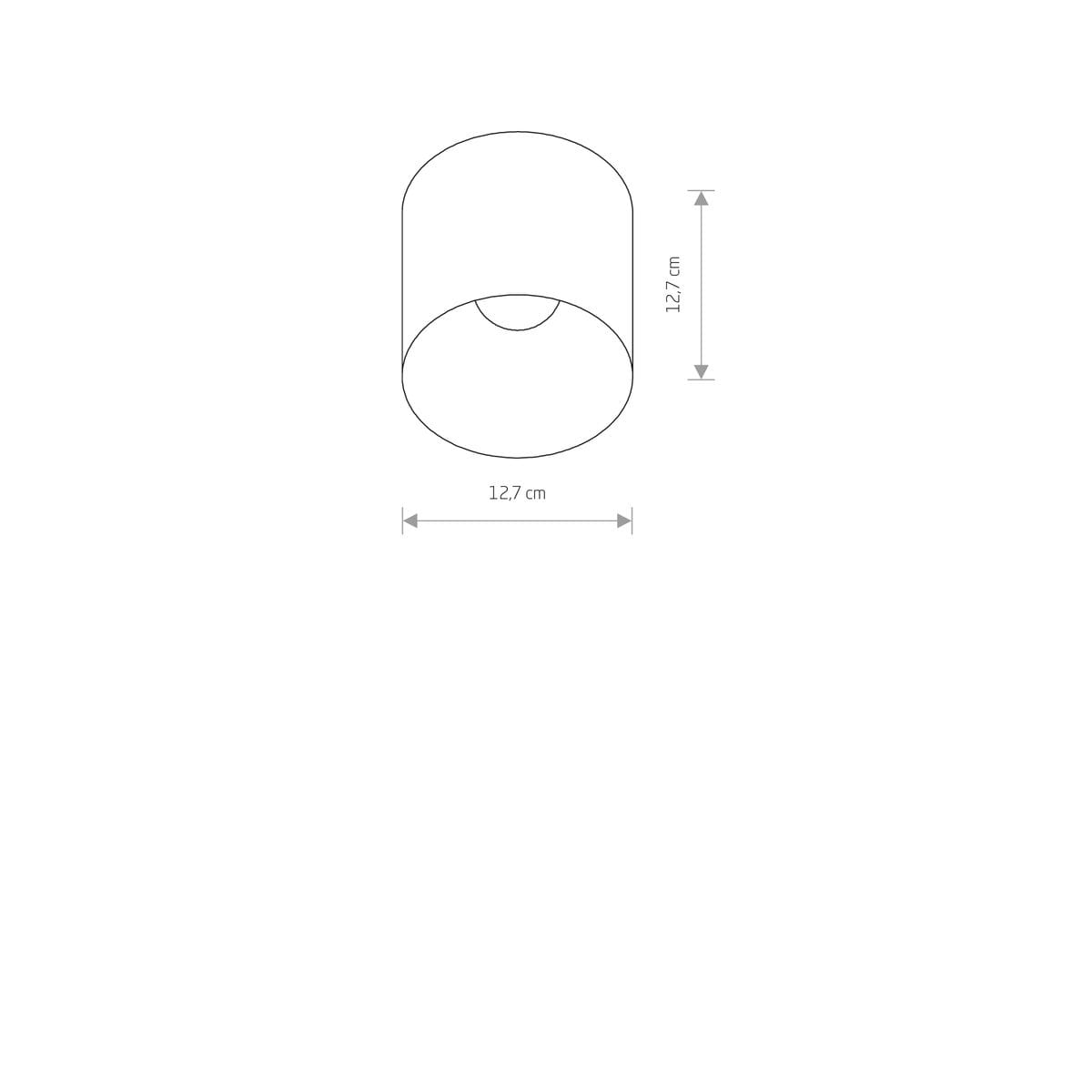 Czarna lampa sufitowa 1-punktowa Halo o okrągłym kształcie, średnica 12,7 cm, wysokość 12,7 cm. Prosta, minimalistyczna konstrukcja, idealna do nowoczesnych wnętrz. Ujęcie z boku, ukazujące wymiary produktu.