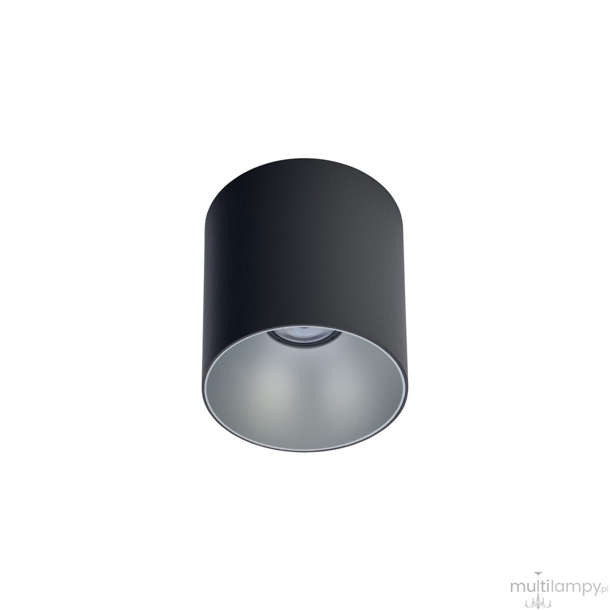Czarna lampa sufitowa Point Tone 1-punktowa z metalowym wykończeniem w kolorze srebrnym. Okrągła, wisząca konstrukcja z gładką powierzchnią, umieszczona na białym tle. Widoczny reflektor wewnętrzny, emitujący światło w dół.