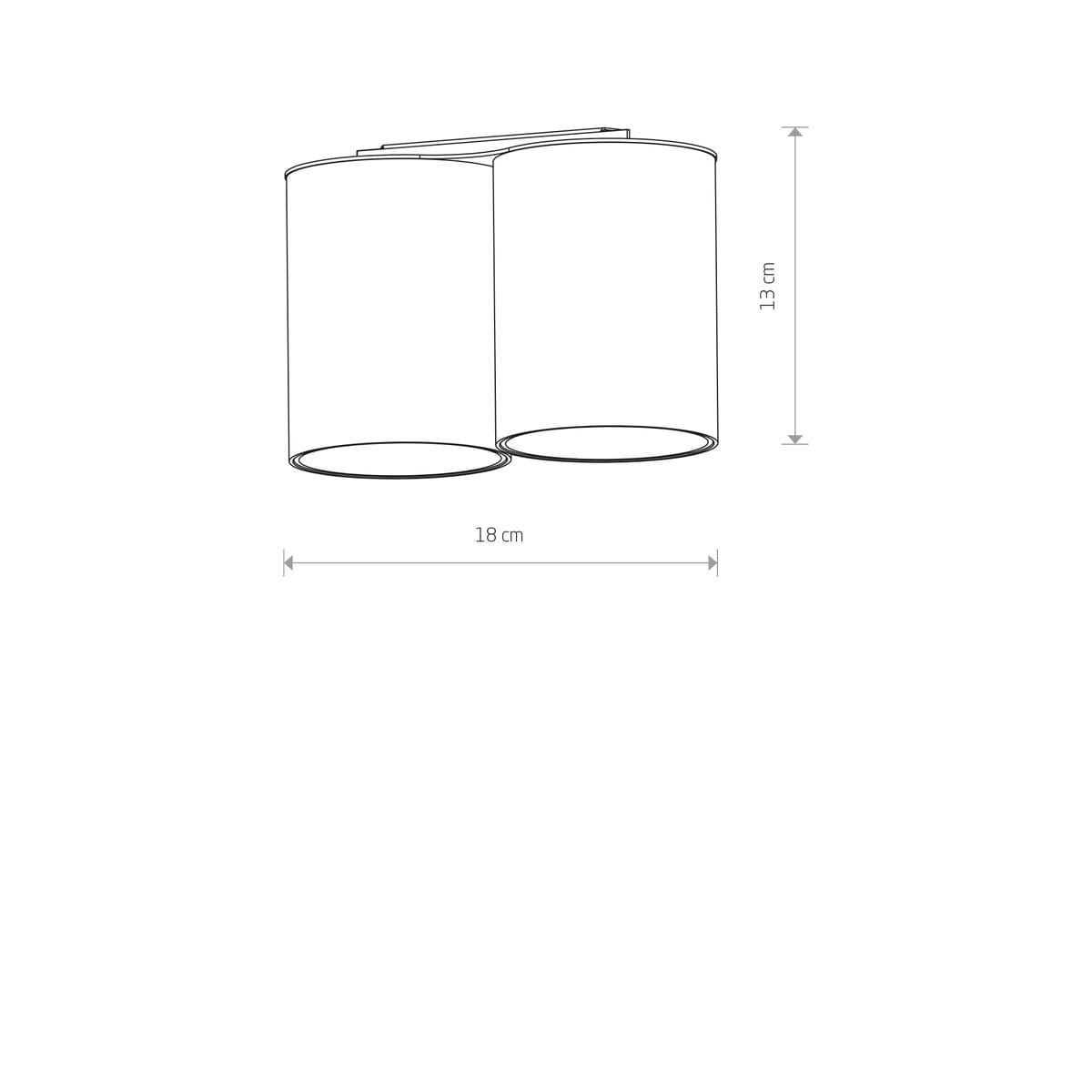 Lampa sufitowa Eye Tone 2-punktowa w kolorze czarnym, o wymiarach 18 cm szerokości i 13 cm wysokości. Posiada dwa cylindryczne klosze, zamontowana na prostokątnej podstawie. Ujęcie frontalne, pokazujące szczegóły konstrukcji.