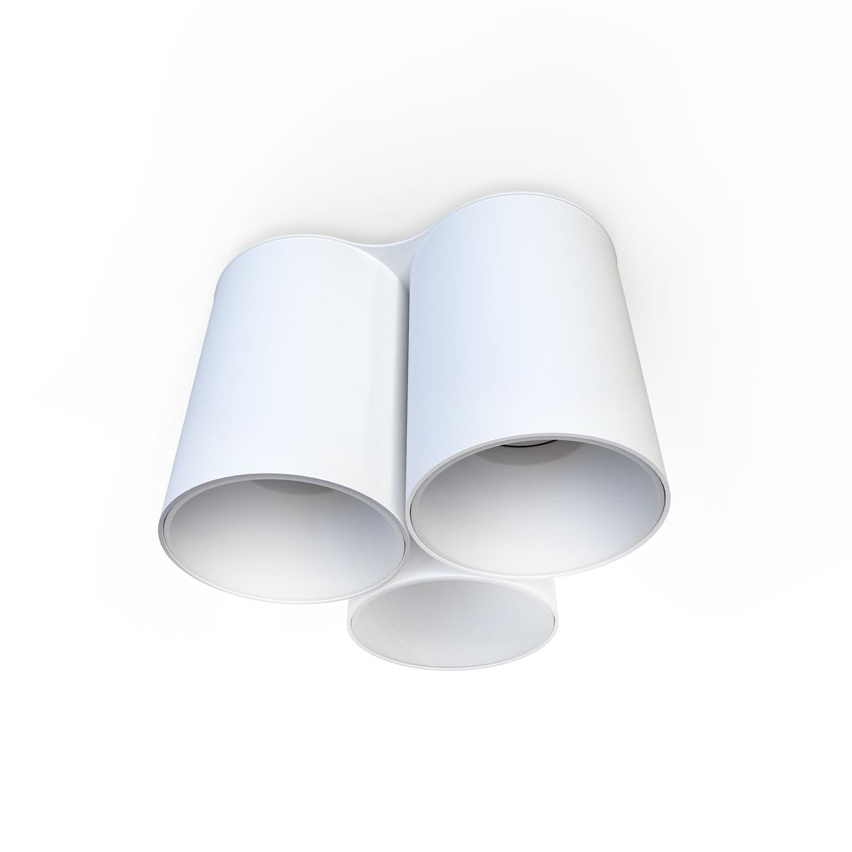 Lampa sufitowa Eye Tone 3-punktowa w kolorze białym, z trzema cylindrycznymi kloszami zamontowanymi na płaskiej podstawie. Ujęcie z dołu, pokazujące detal konstrukcji oraz otwory na żarówki w każdej lampie. Na białym tle.