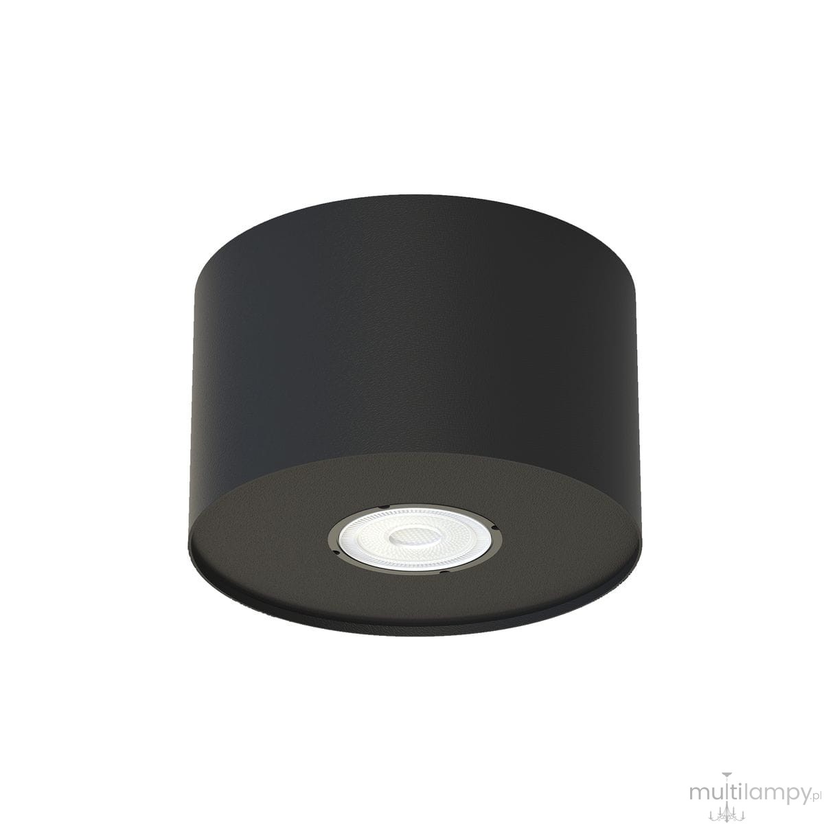 Czarna lampa sufitowa Point S 1-punktowa, o cylindrycznym kształcie, z metaliczną podstawą. Zbliżenie na źródło światła w centralnej części, umieszczone na górze. Prosta, minimalistyczna konstrukcja, idealna do nowoczesnych wnętrz.
