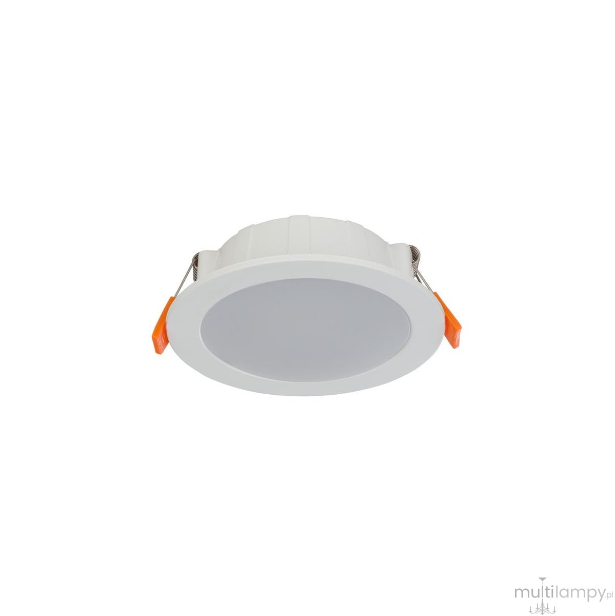 Oprawa do zabudowy CL Kos LED, 8W, 670 lm, barwa neutralna 4000K, w kolorze białym. Okrągła konstrukcja z szarym kloszem i pomarańczowymi uchwytami. Ujęcie z góry, produkt leży na białym tle.