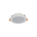 Oprawa do zabudowy CL Kos LED, 8W, 670 lm, barwa neutralna 4000K, w kolorze białym. Okrągła konstrukcja z szarym kloszem i pomarańczowymi uchwytami. Ujęcie z góry, produkt leży na białym tle.