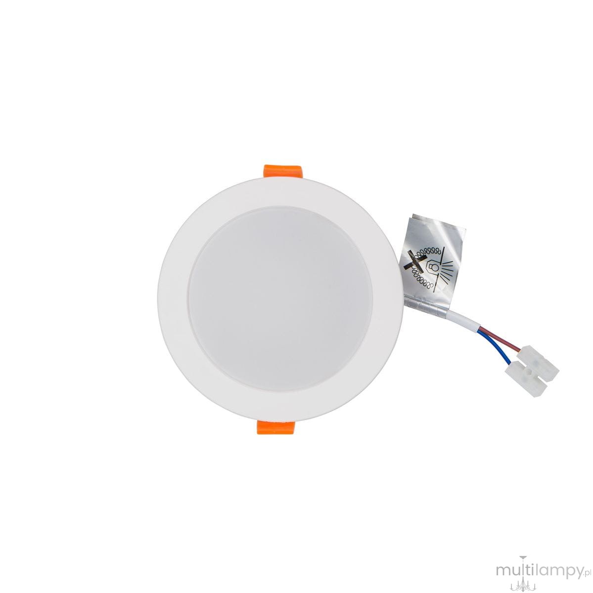 Oprawa LED CL Kos o mocy 8W i jasności 650lm, kolor biały. Okrągły kształt z matowym kloszem, widoczne przewody podłączeniowe. Ujęcie z góry, na jednolitym tle.