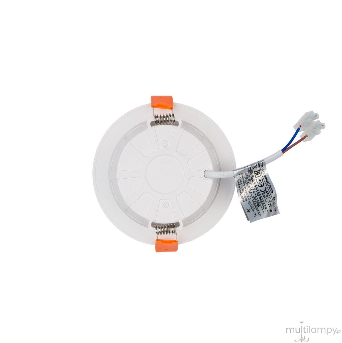 Oprawa do zabudowy CL Kos LED 8W, o średnicy okrągłej, w kolorze białym. Widoczne przewody podłączające oraz sprężyny mocujące. Źródło światła 650 lm, 3000K, przeznaczone do montażu w sufitach podwieszanych.
